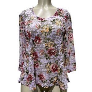 Closetrix Top Women's Medium Colorful Floral Lace Scoop Neck Long Sleeve Blouse